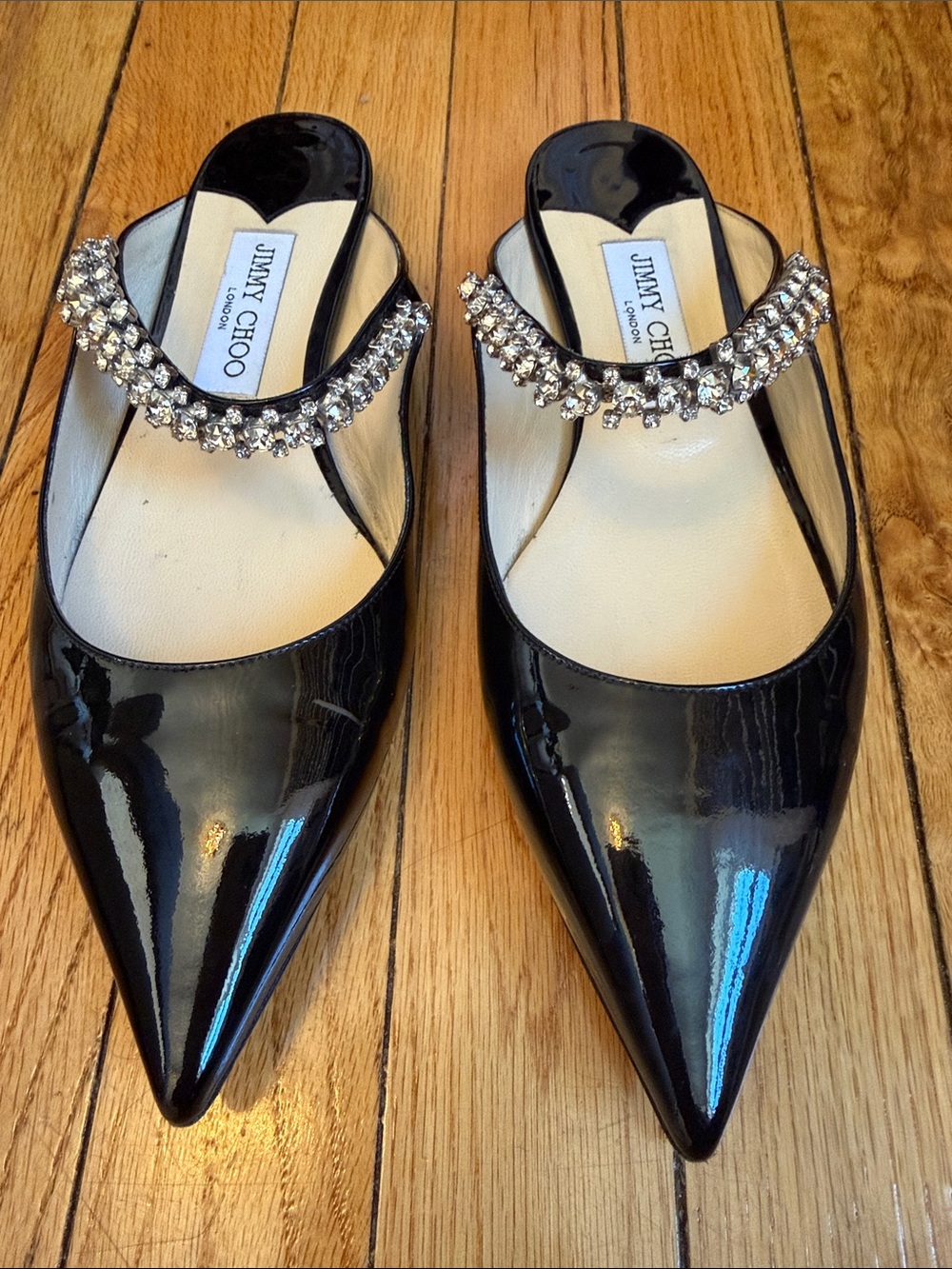 Jimmy Choo Black Patent Pointed Toe Crystal Bing Mules